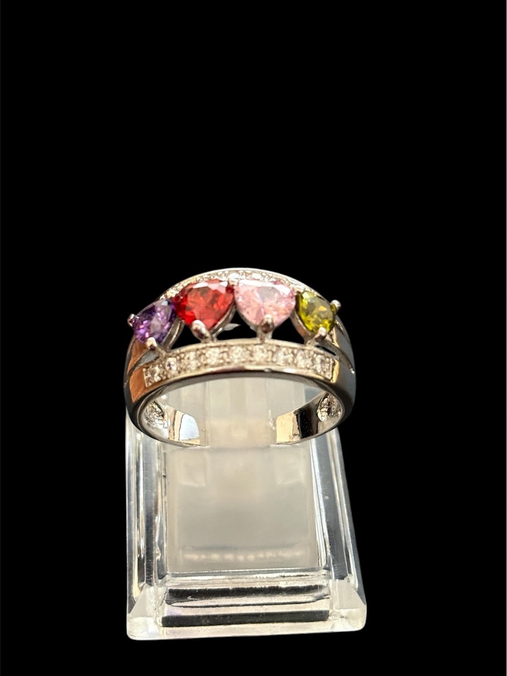 Multi-Gem Heart Band Ring in Silver with Pink, Red, Purple & Green Stones